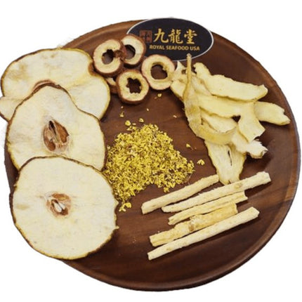 Bolsita de té natural para el otoño con pera asiática y lirio de agua dulce. Té saludable.