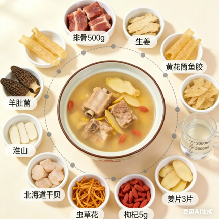 Sopa de flor de hongo oruga, callos de pescado y morillas, 70g