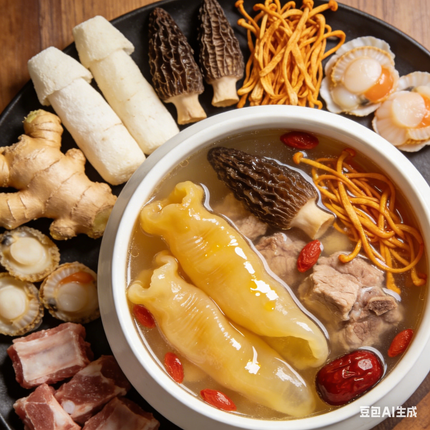 Sopa de flor de hongo oruga, callos de pescado y morillas, 70g