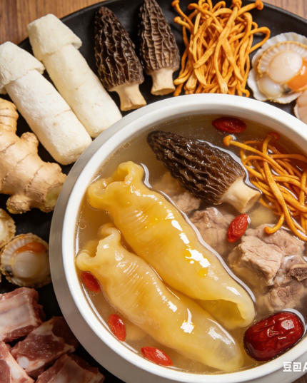 Sopa de flor de hongo oruga, callos de pescado y morillas, 70g