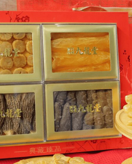 Caja de regalo de cuatro tesoros de trufas morillas, buche de pescado, pepino de mar y vieiras para obsequiar con mariscos secos y tónicos