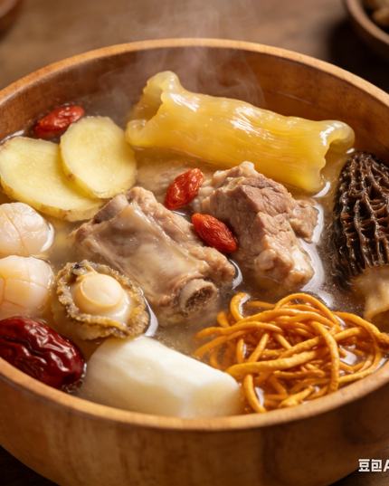 Sopa de flor de hongo oruga, callos de pescado y morillas, 70g